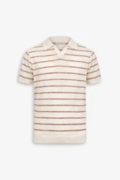 Taupe melange striped knit polo shirt