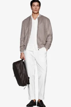 Taupe perforated ecosuede bomber jacket