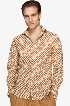 Tobacco linen blend circles print shirt