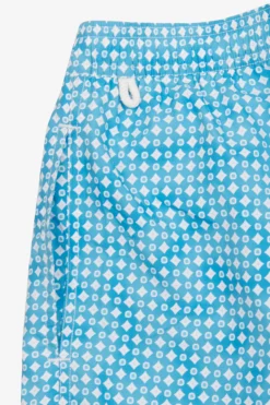 Turquoise geometric print swim trunks