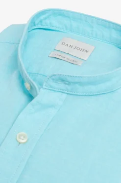 Turquoise linen blend mandarin collar shirt