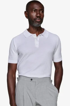 White dice-stitch knit polo shirt