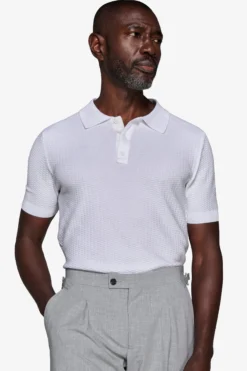 White dice-stitch knit polo shirt