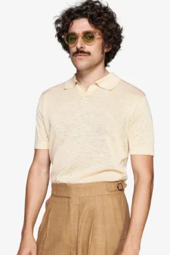 Yellow linen blend knit polo shirt