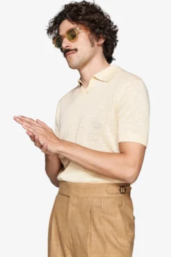 Yellow linen blend knit polo shirt